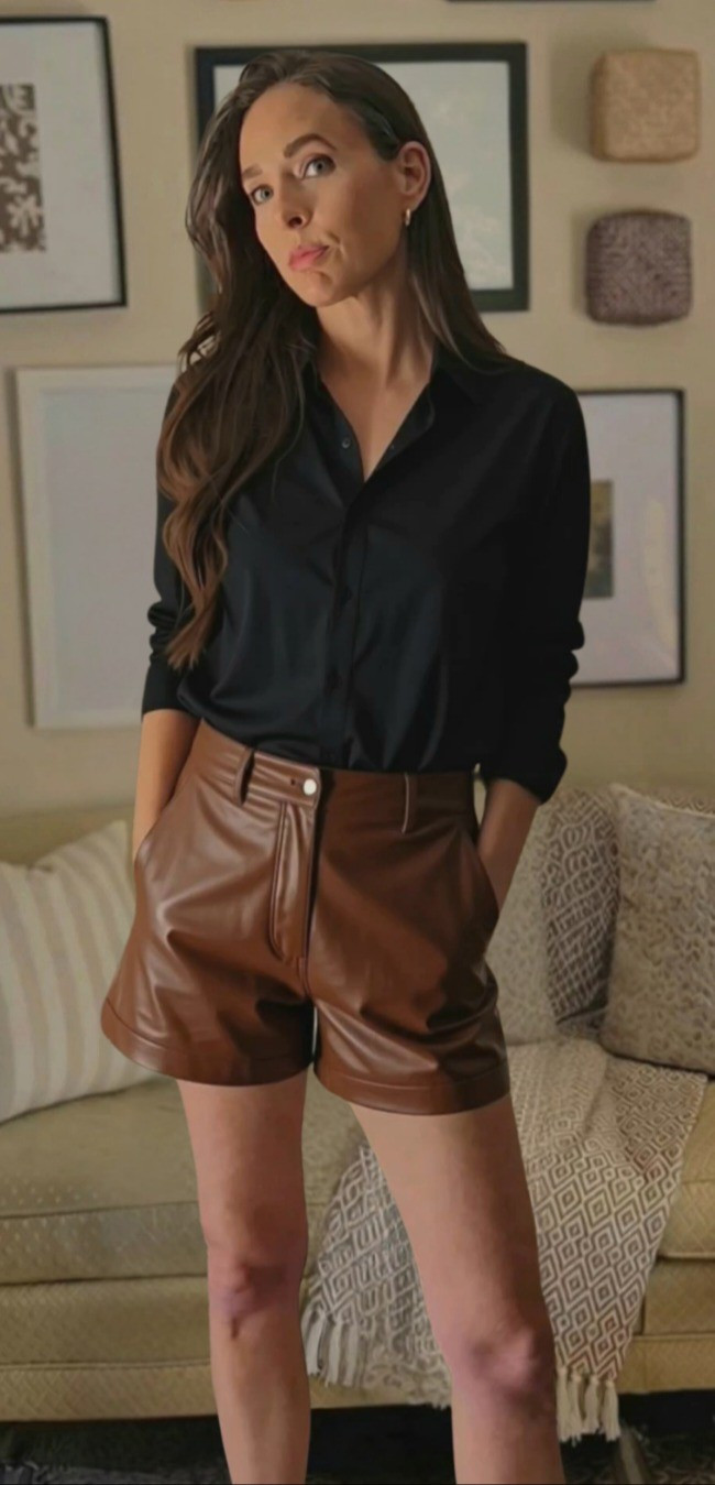 Fall style.  Womens outfits. Style inspiration. Brown leather shorts. Black button up shirt. Black button down. Faux leather shorts. Amazon fashion. Brown and black. Neutral outfit. Fall outfit. Transitional Fall outfit 

#LTKSeasonal #LTKSaleAlert