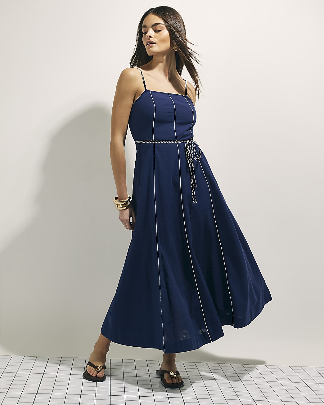 Navy Piped Rope Belt Midi Dress | River Island UK & IE