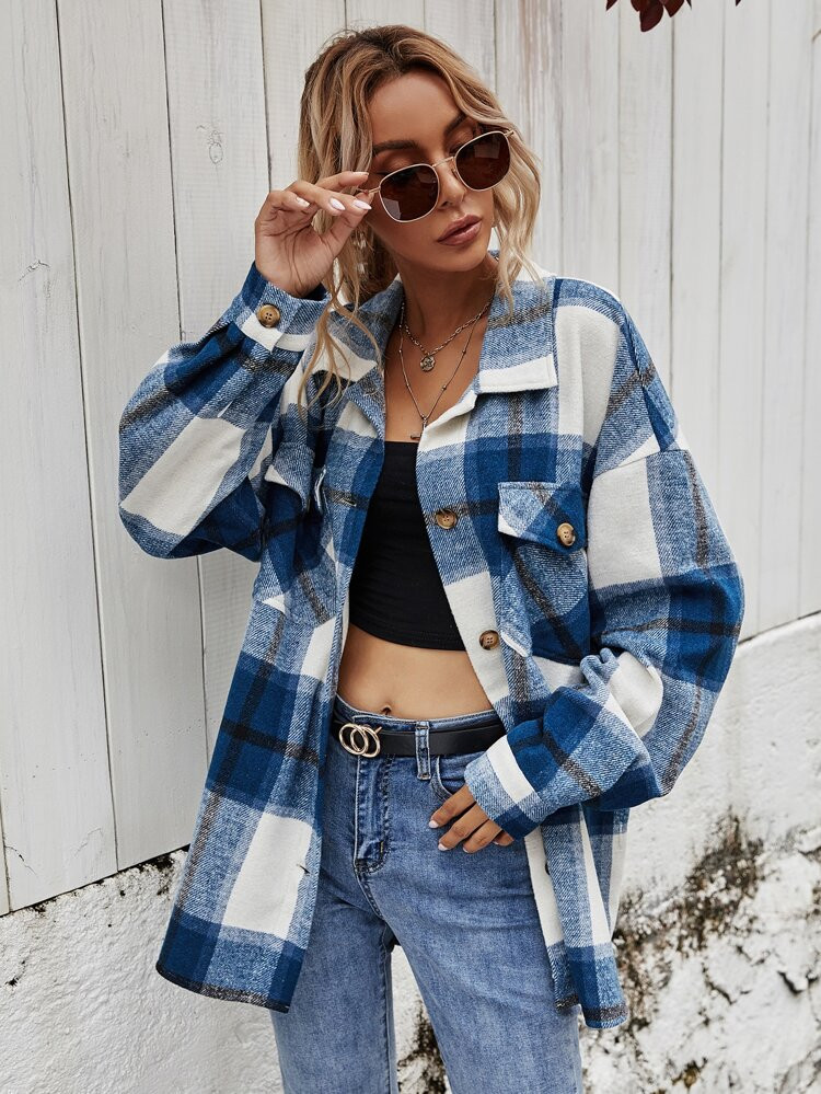 Plaid Button Front Oversized Overshirt | SHEIN