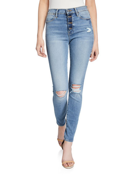 Le High Skinny Distressed Jeans w/ Button Fly | Neiman Marcus
