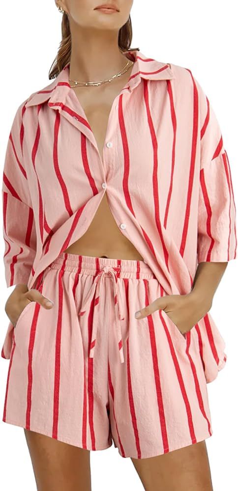 Fixmatti Women 2 Piece Stripe Outfit Summer Short Sleeve Blouse and Shorts Sweatsuit Lounge Set | Amazon (US)