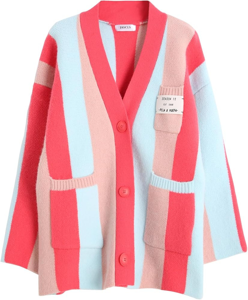 JASCLS Winter Long Sleeve Cable Knitted Color Block Boho Striped Sweater Cardigans Chunky Sweater... | Amazon (US)