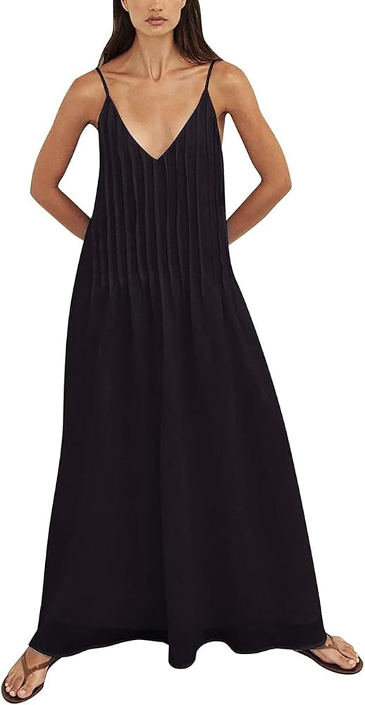 Women Summer Dresses Pleated Maxi Dresss Sleeveless Spaghetti Strap V Neck Beach Vacation Long Fl... | Amazon (US)