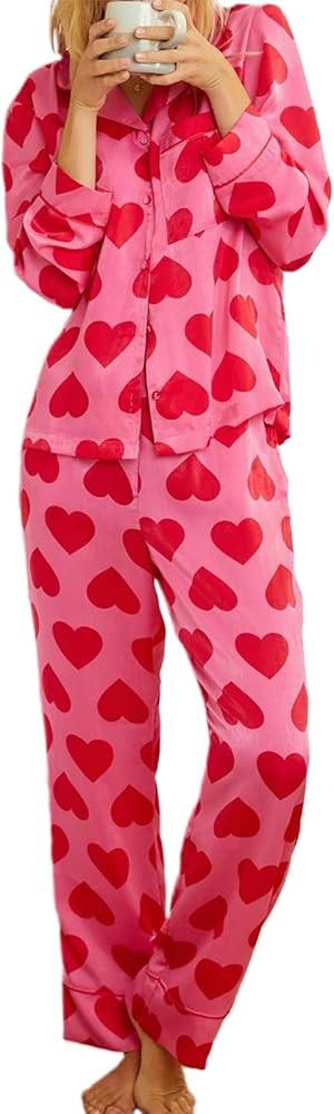 RUEWEY Women 2 Piece Pajama Set Heart Print Long Sleeves Button Down Lapel Shirt Long Pants Match... | Amazon (US)