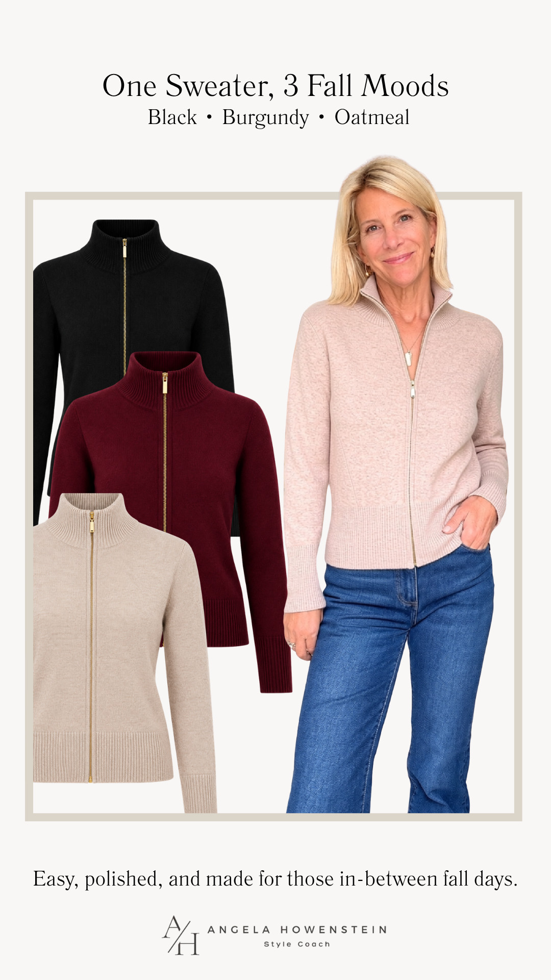 One sweater, three fall moods! 🖤🍷🤍 The same timeless zip-up silhouette in classic black, rich burgundy, or effortless oatmeal, which color would you choose?

👩‍💻 LTK PRO TIPS
❤️ Heart = Support my posts ;-)
🔖 Save = Get sale & restock alerts for the things you love!
📋 Lists = Keep favorites organized (List ideas: Christmas, Birthdays, and Vacations!)
📲 Share = Send lists and products to a friend (or your daughters like me).
💬 Comment = Ask me anything, and I’ll answer. ;-) 

 #LTKootd #LTKSeasonal #LTKOver40