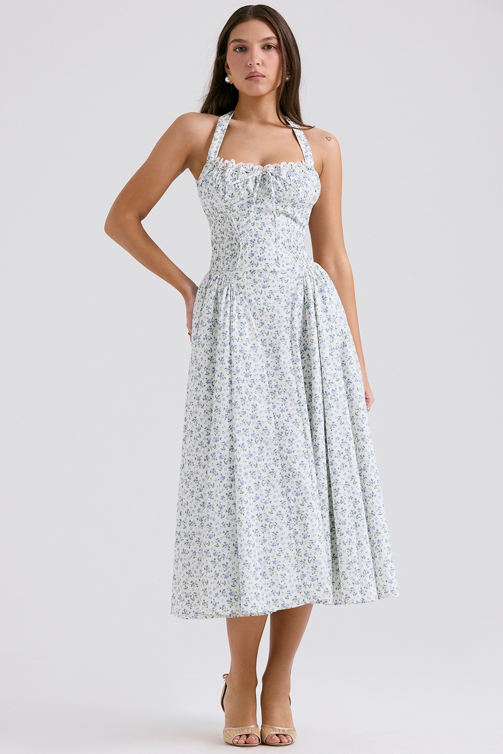 white bluebell print cotton halter sundress | House of CB