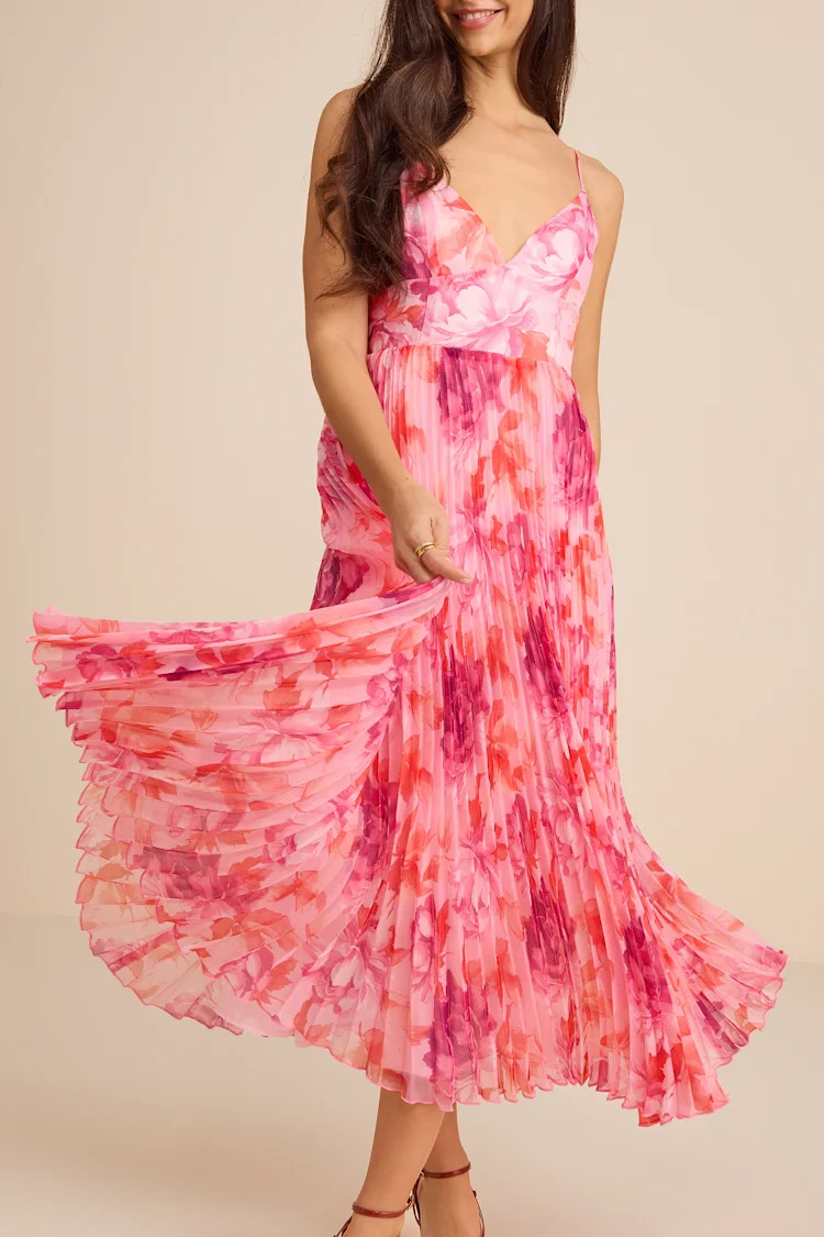Sincerely Gorgeous Pink Multi Floral Pleated Midi Dress | Lulus