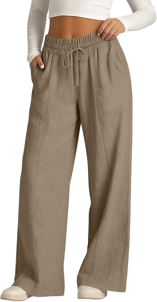 Womens Linen Pants Casual Summer Wide Leg Drawstring Palazzo Flowy Pants Work Business Trousers B... | Amazon (US)