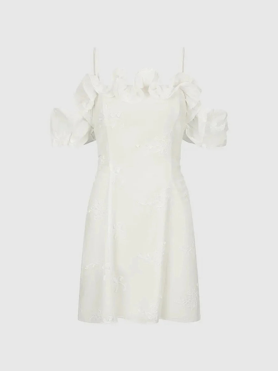 Cotton Lyocell A-Line Strappy Ruffle Trim Midi Dress | Urban Revivo