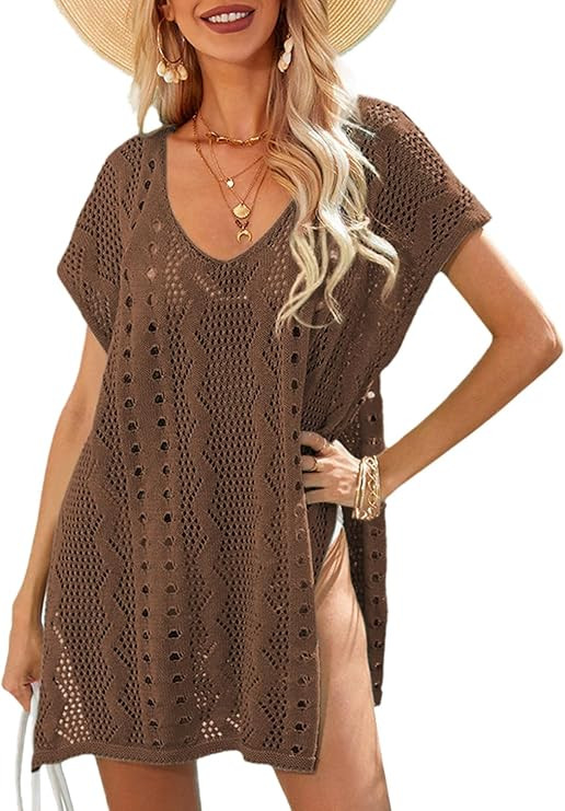 Dokotoo Women's Crochet Cover Up Swimwear Beachwear Scoop Neck Short Sleeve Mini Dress Beach Dres... | Amazon (US)