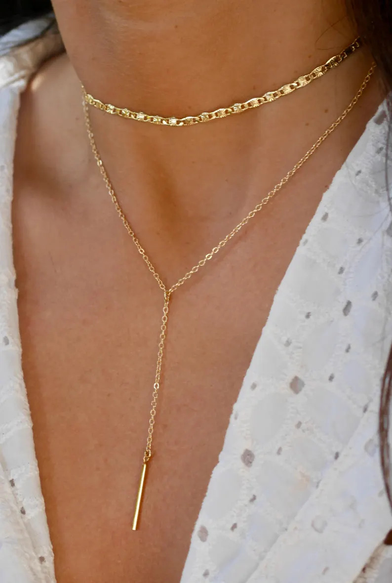Set of 2 Necklaces - Gold Plated - Chocker - Long Lariat Y - Doublet Turn - Layering - Stackable ... | Etsy (US)