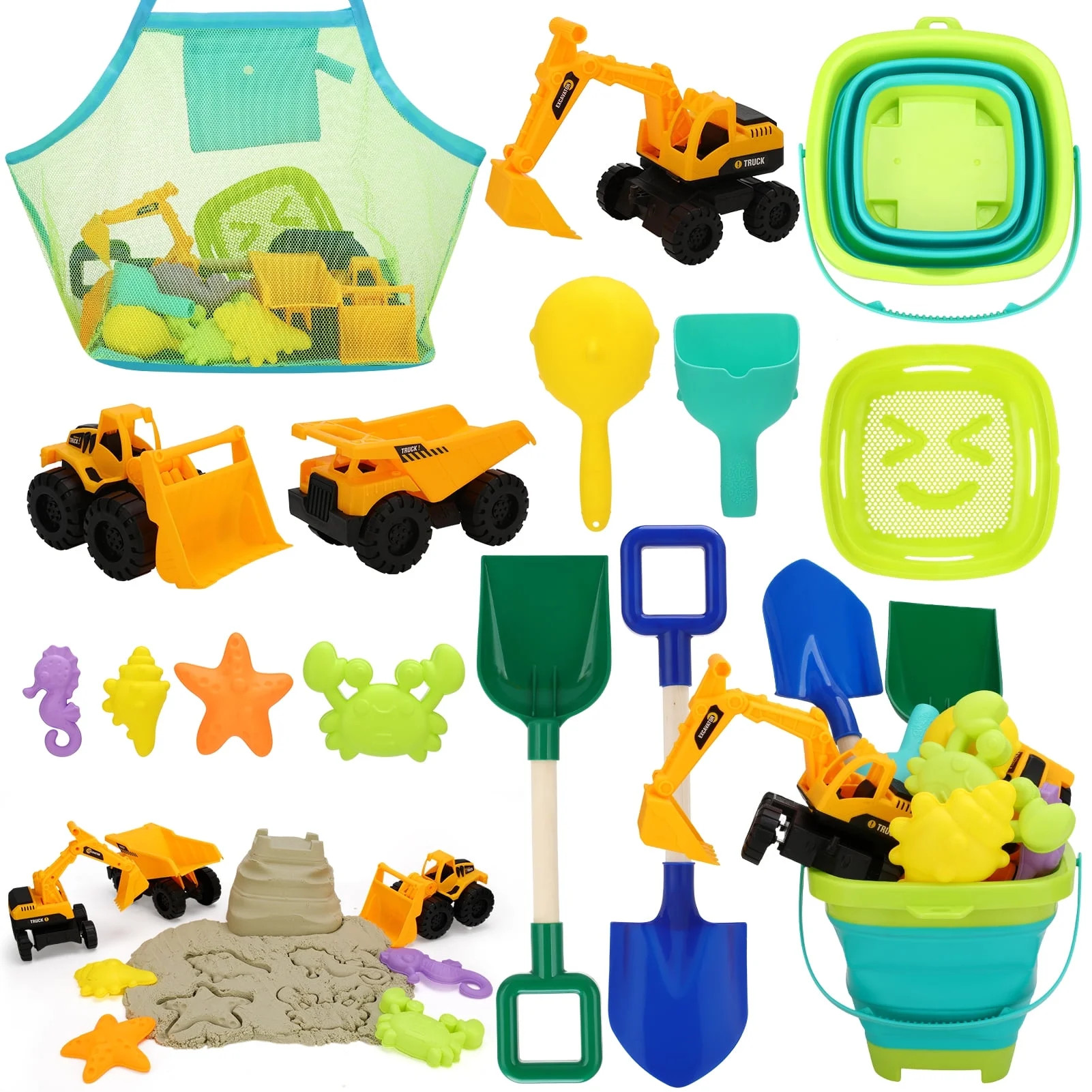 sixwipe Beach Toys, 14 Pcs Sand Toys, Sandbox Toys with 2 Truck 2 Collapsible Beach Bucket, Sand ... | Walmart (US)