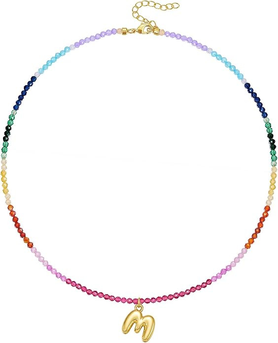 KissYan Beaded Initial Necklace for Women, 14K Gold Plated Bubble Letter Pendant Rainbow Gemstone... | Amazon (US)