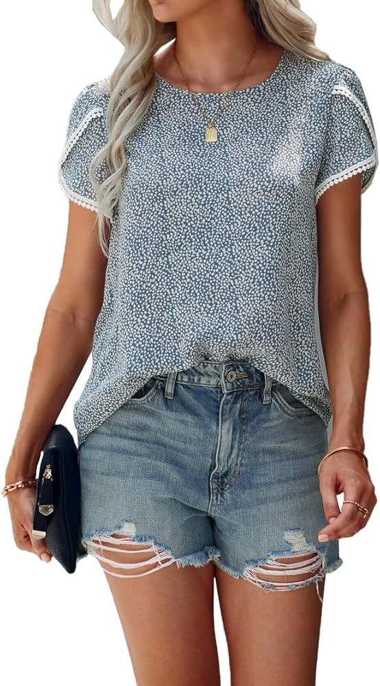 PRETTYGARDEN Women’s Shirts Summer Casual Crewneck Lace Crochet Short Sleeve Blouses Cute Floral Pri | Amazon (US)