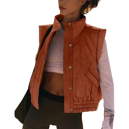 bbyeadc Womens Puffer Vest Winter Sleeveless Quilted Vests Button Down Stand Collared Trendy Outwear Vest Elastic Hem Padded Gilet Vests with Pocket Brown M | Walmart (US)