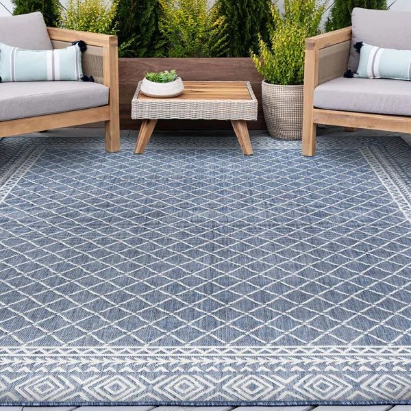 Oakleaf Geometric Blue/White Indoor / Outdoor Area Rug | Wayfair North America