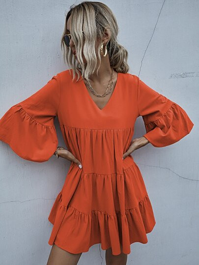 Solid Flounce Sleeve Smock Dress | SHEIN