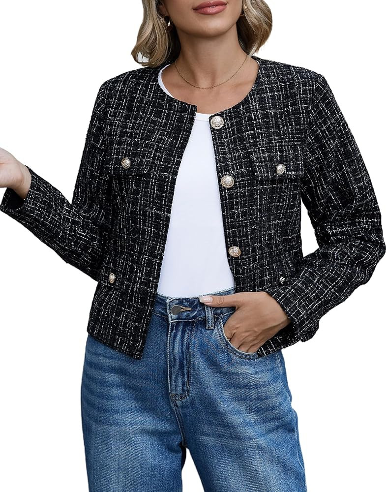 Cropped Tweed Blazer Jackets for Women Elegant Slim Collarless Business Casual Outfits | Amazon (US)