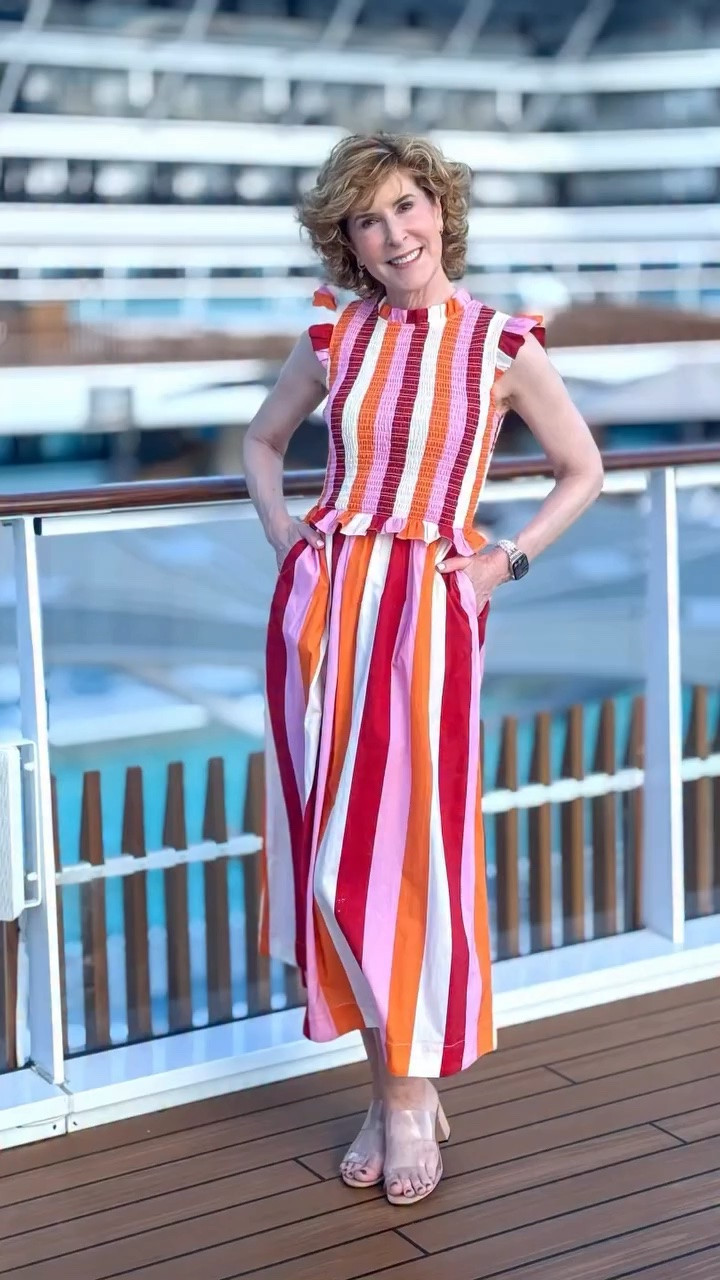 This striped dress is one of those easy throw-on-and-go pieces that still feels pulled together. The smocked bodice is so flattering, the flutter sleeves add the sweetest touch, and the colors are just made for vacation. And these clear strap block heels? They go with everything in your closet and instantly elevate the whole look.

And don’t miss the special guest appearance at the end of the reel… and popping up in my Stories all throughout this cruise. Bob is such an amazing guy!
❤️🧡🩷

#LTKTravel #LTKSeasonal