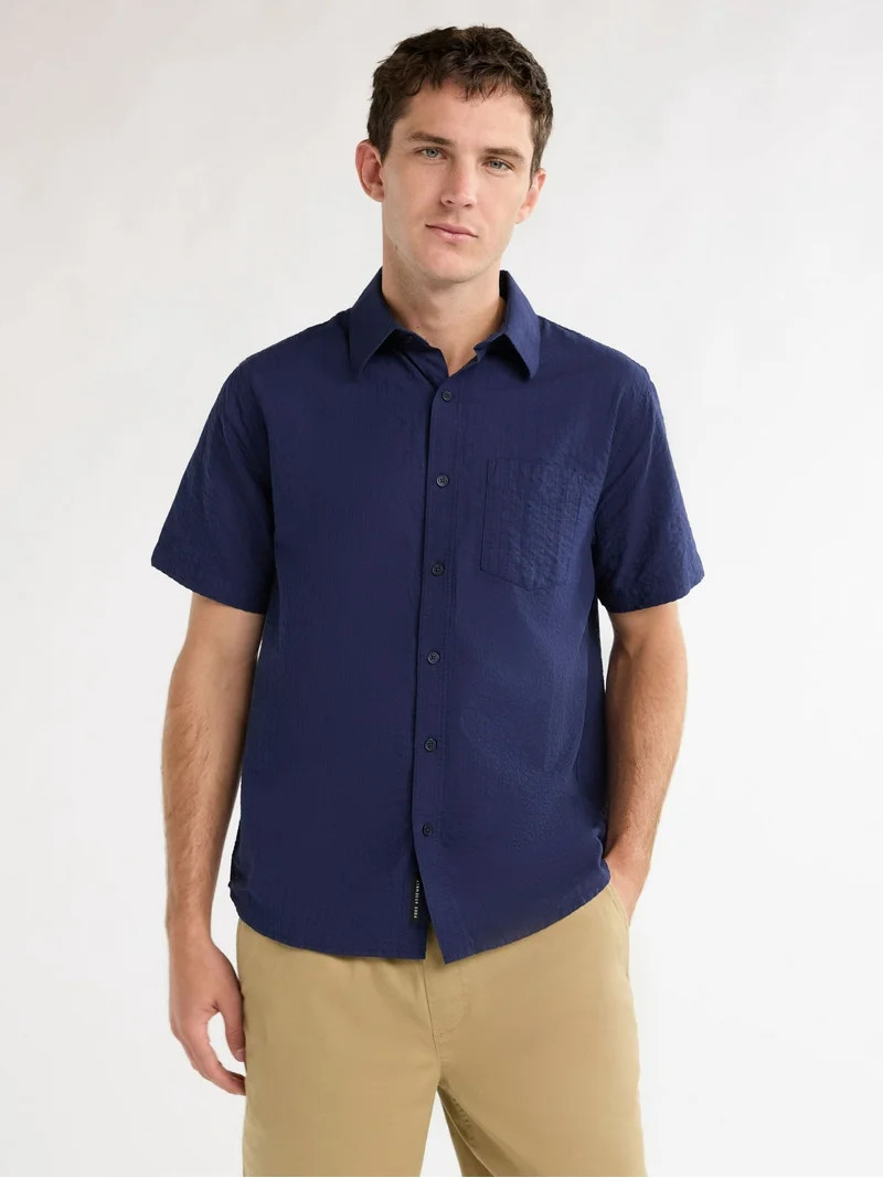 Free Assembly Men's Seersucker Button Front Shirt with Short Sleeves, Sizes XS-3XL | Walmart (US)