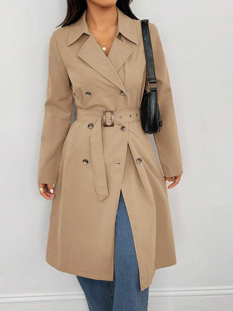 SHEIN PETITE Women's Retro Long-Sleeved Trench Coat,Winter,New Year Eve,Business Long Outerwear Trench Coat,Winter | SHEIN