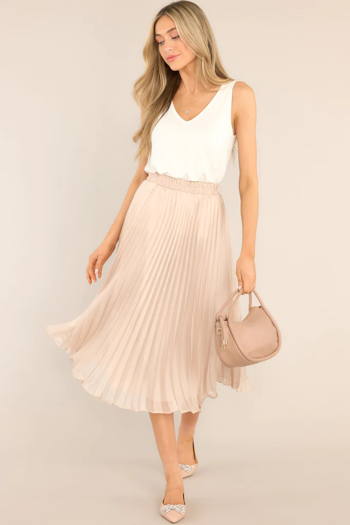 Graceful Champagne Pleated Satin Midi Skirt | Red Dress 