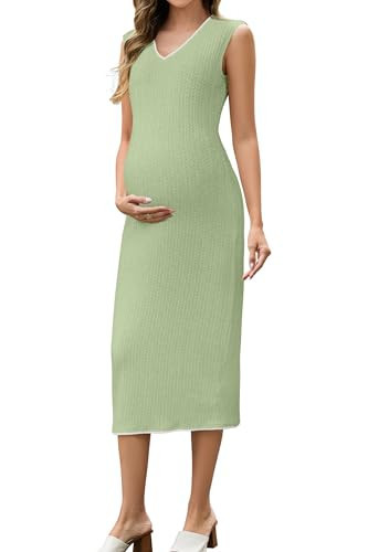 OUGES Womens 2025 Summer Green Maternity Dress V Neck Pregnancy Baby Shower Dress for Photoshoot Cable Knit Slim Fit Maternity Clothes(Mint Green,L) | Amazon (US)