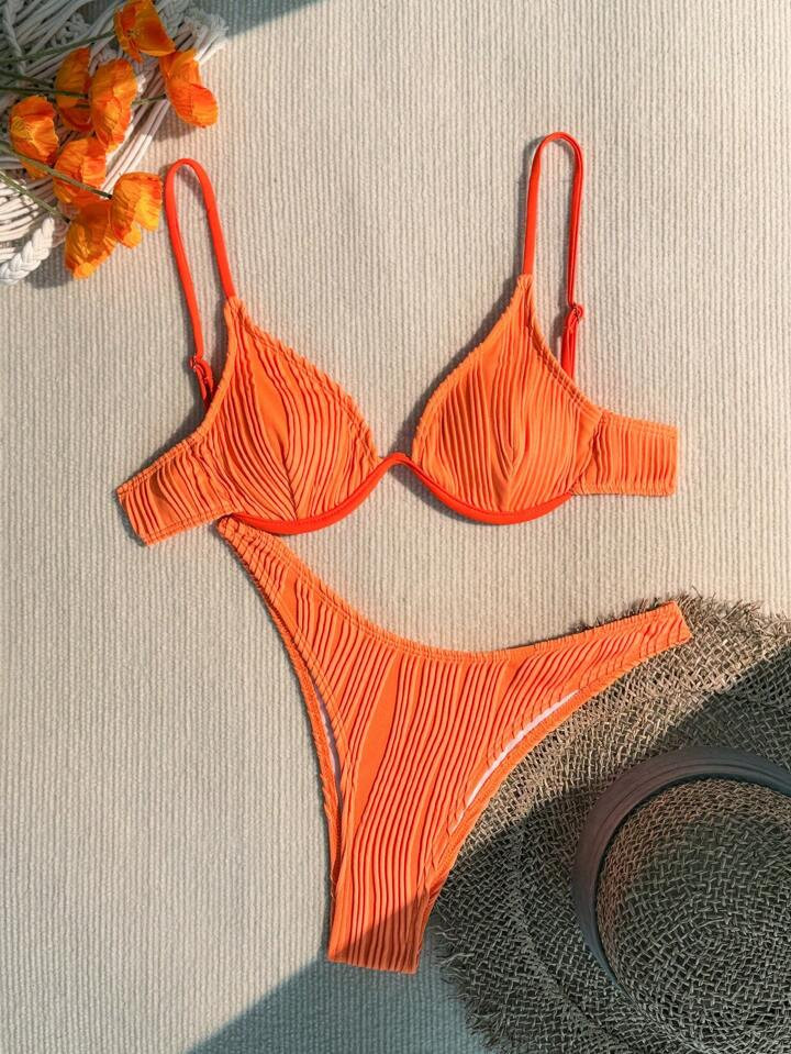 SHEIN Swim Solid Textured Underwire Bikini Set, Summer Beach Bathing Suit | SHEIN