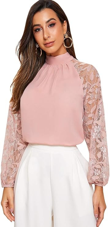 Romwe Women's Lace Long Sleeve Mock Neck Tie Back Elegant Blouse Tops | Amazon (US)