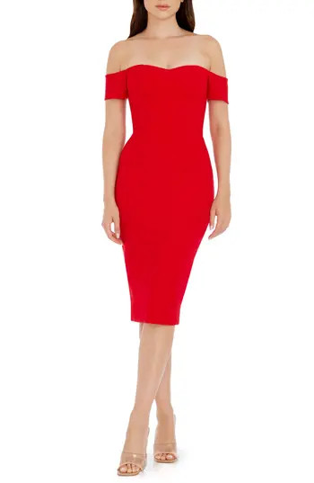 Dress the Population Bailey Off the Shoulder Body-Con Dress in Rouge at Nordstrom Rack, Size Small | Nordstrom Rack