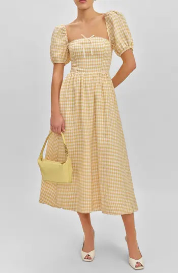 Reformation Marella Puff Sleeve Linen Dress in Sunshine Check at Nordstrom Rack, Size 4 | Nordstrom Rack