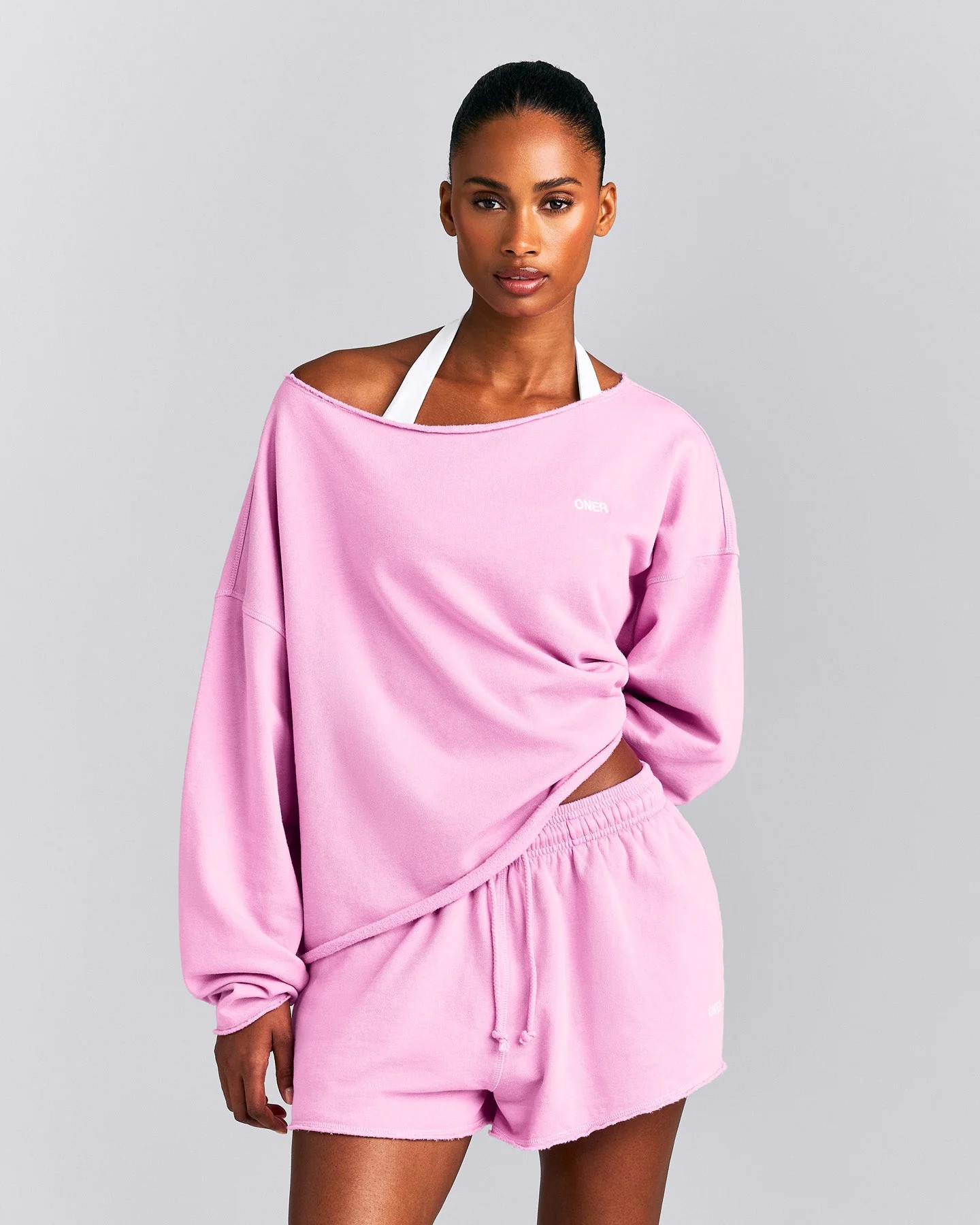 Cotton Vintage Lounge Off-The-Shoulder Sweatshirt 
 Rose Pink | Oner Active (UK / US)