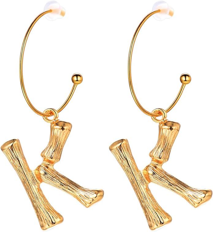 FOCALOOK Bamboo Initial Earrings Stainless Steel 18k Gold Plated Half-Hoop Drop Letter Earrings f... | Amazon (US)