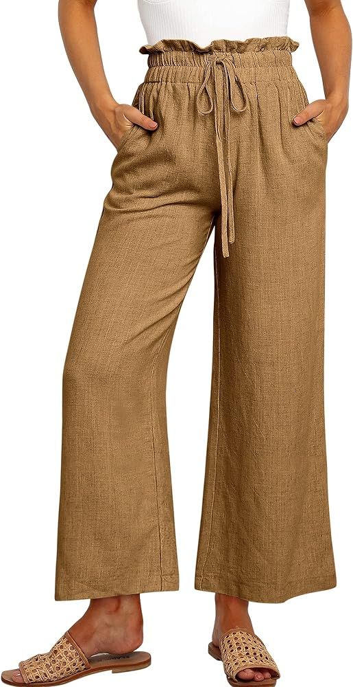 ANRABESS Women's Linen Pants Casual Loose High Waist Drawstring Wide Leg Capri Palazzo Pants Trouser | Amazon (US)