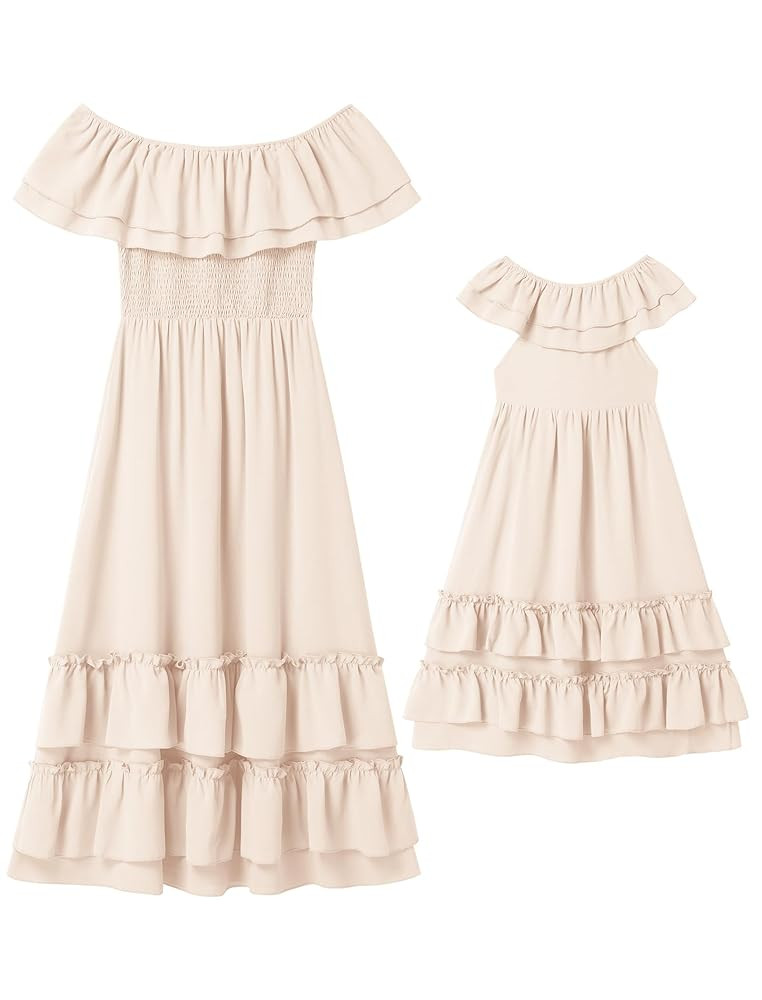 AWIBMK Mother Daughter Matching Boho Mommy and Me Dress Summer Casual Off Shoulder Smocked Tiered... | Amazon (US)