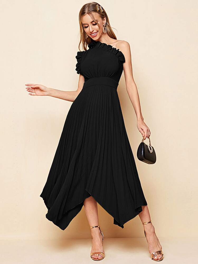 SHEIN One Shoulder Ruffle Detail Pleated Hanky Hem Dress | SHEIN