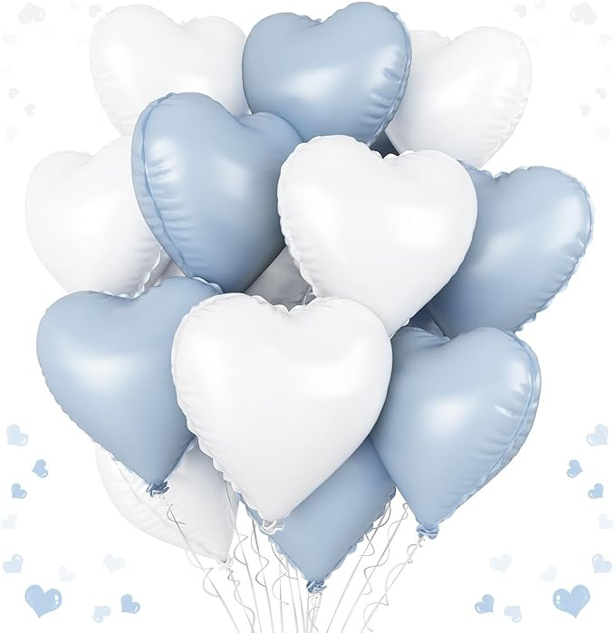 Baby Blue White Heart Balloons, 18 Inch Pastel Blue White Heart Shape Balloons, 12PCS Light Blue ... | Amazon (US)
