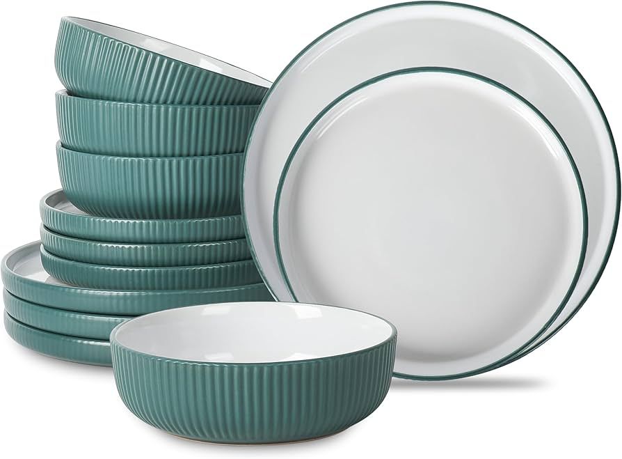 Christian Siriano Laro 12-Piece Stoneware Dinnerware Set, Plates and Bowls Set, Microwave and Dis... | Amazon (US)