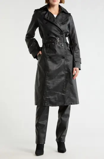 MAX STUDIO Faux Leather Long Trench Coat in Black-Black at Nordstrom Rack, Size Large | Nordstrom Rack