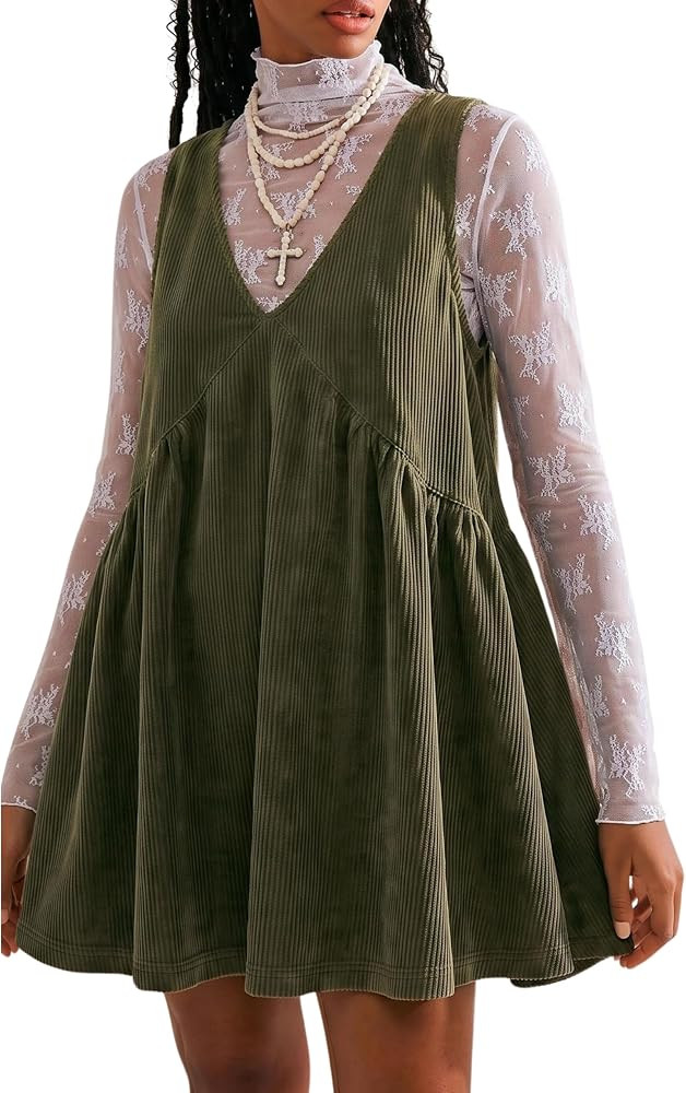 Women's Corduroy V Neck Babydoll Dress Layering with Pockets | Amazon (US)