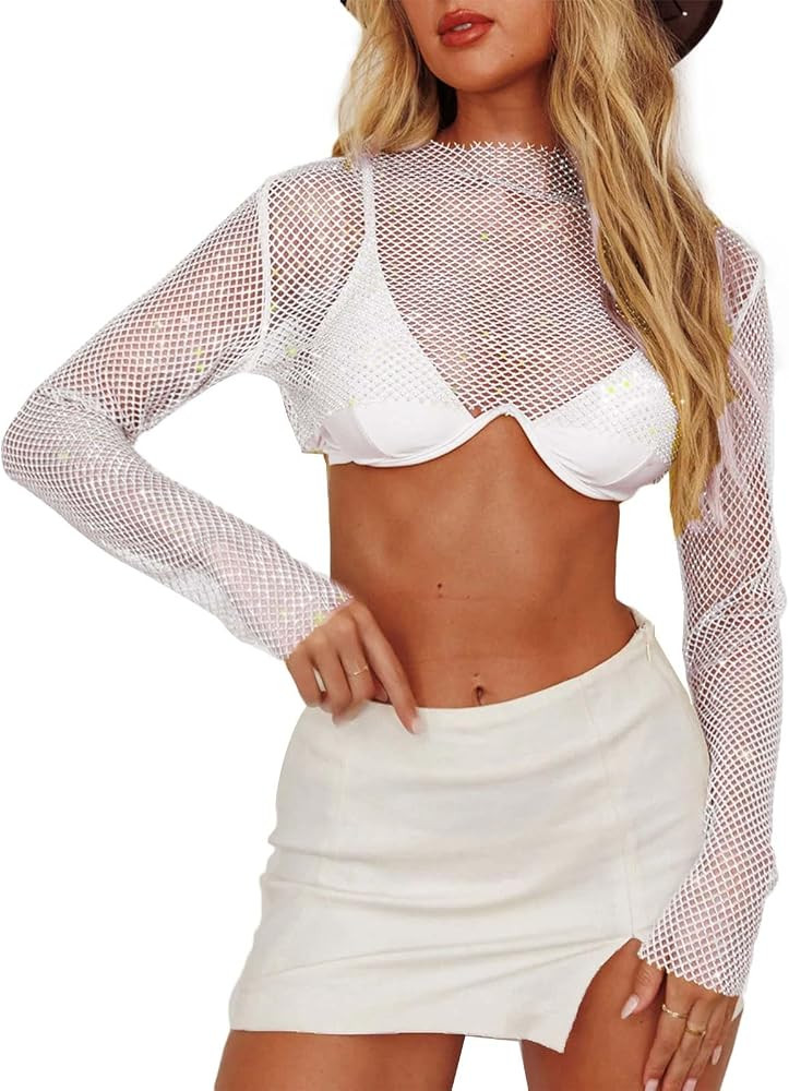 BEJONS Women Rhinestone Top Black Mesh Chain Fishnet Long Sleeve Outfit - Sparkly Crystal Rave Cr... | Amazon (US)
