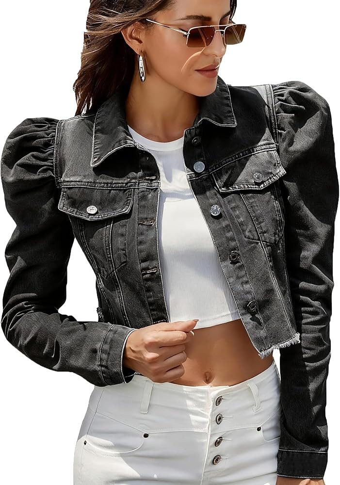 Nihsatin Women's Puff Sleeve Denim Jacket Pockets Front Button Down Crop Jean Coat | Amazon (US)