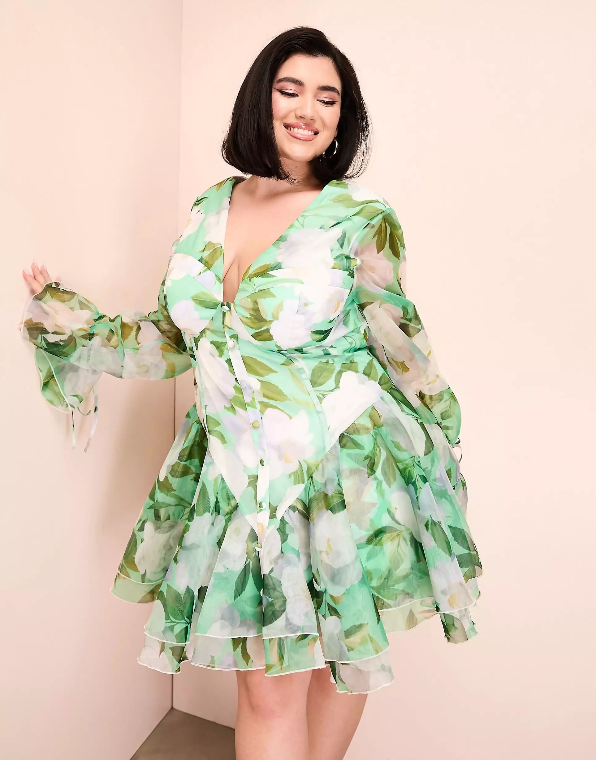 ASOS LUXE Curve cupped organza mini dress in green floral print | ASOS (Global)