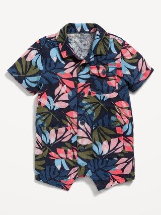 Printed Short-Sleeve Linen-Blend Utility Romper for Baby | Old Navy (US)