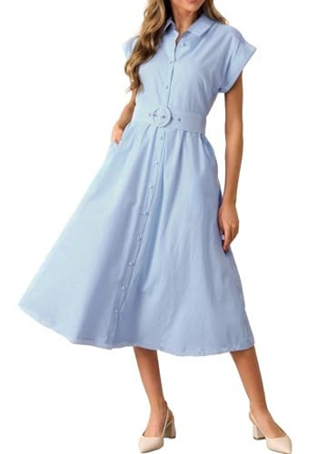 EZAPINE Womens Midi Shirt Dress Striped Casual Cap Sleeve Button Down Lapel V Neck A Line Belted Long Dresses Blue | Amazon (US)