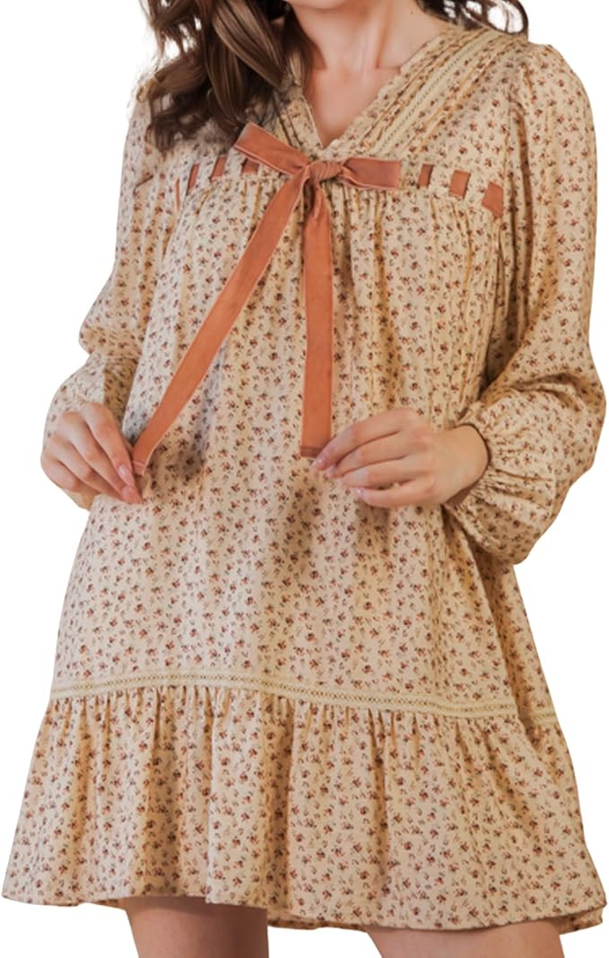 Floral Printed Front Bow Mini Dress for Women – Long Sleeve V-Neck Ruffle Hem Casual Boho Fall ... | Amazon (US)