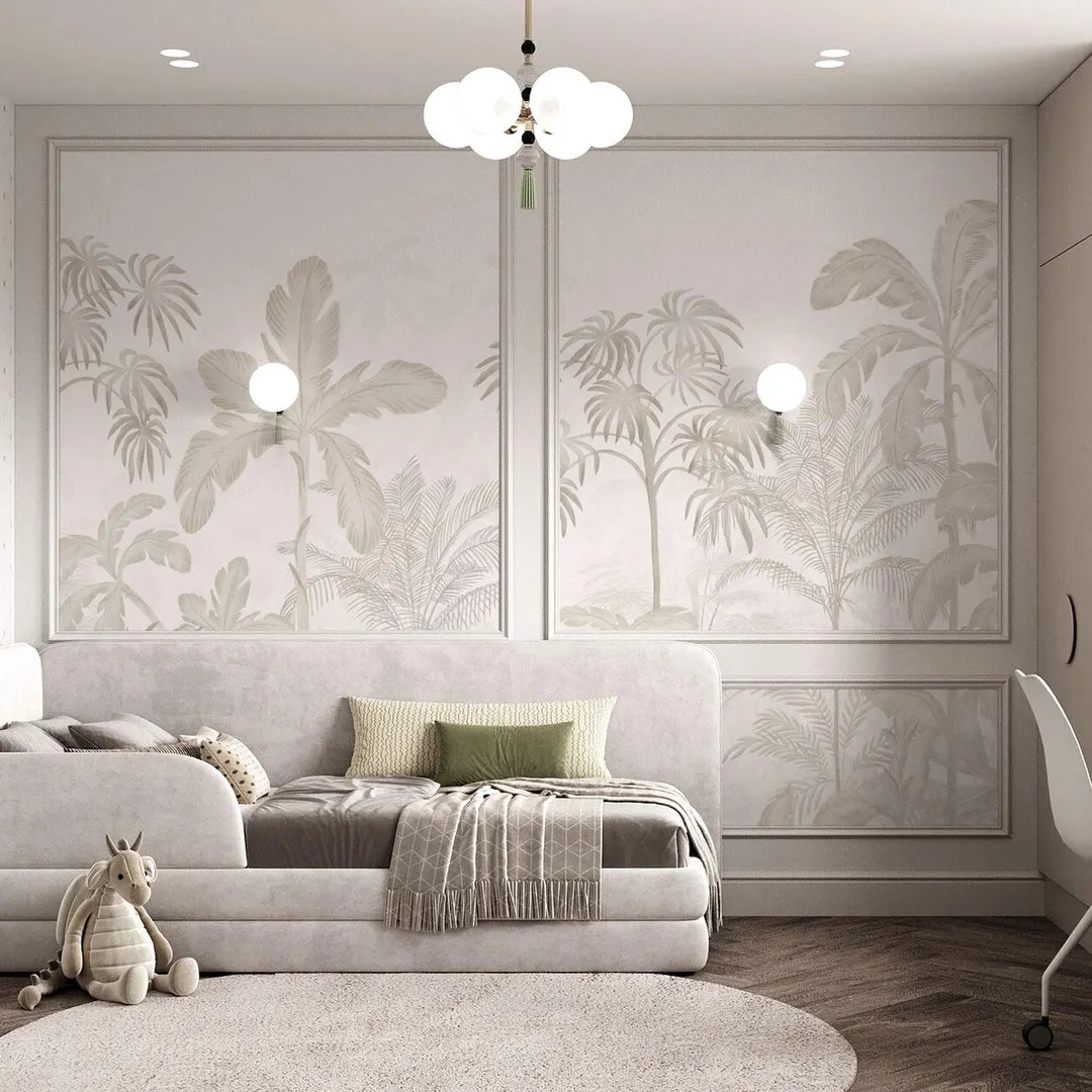 Beige Palms Calming Wallpaper, Tropical Hand Drawn Wall Mural, Rainforest Trees Peel and Stick Wa... | Etsy (US)