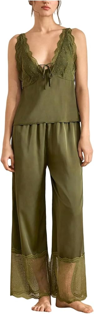 RoseSeek Women's 2 Piece Pajama Sets Lace Cami Tops and Sheer Mesh Patchwork Pants Sleepwear | Amazon (US)