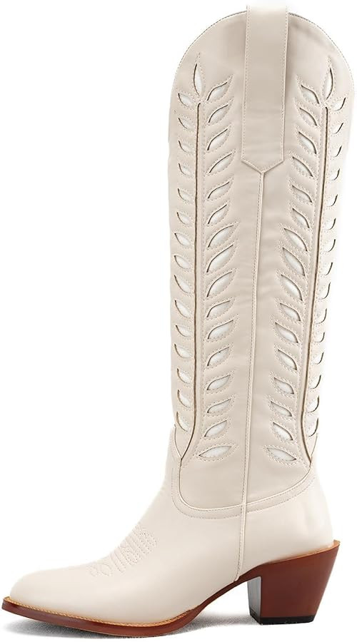 KaroNairy Orange Wide Calf Cowboy Boots for Women Foliage Embroidered Western Cowgirl Boots Chunk... | Amazon (US)