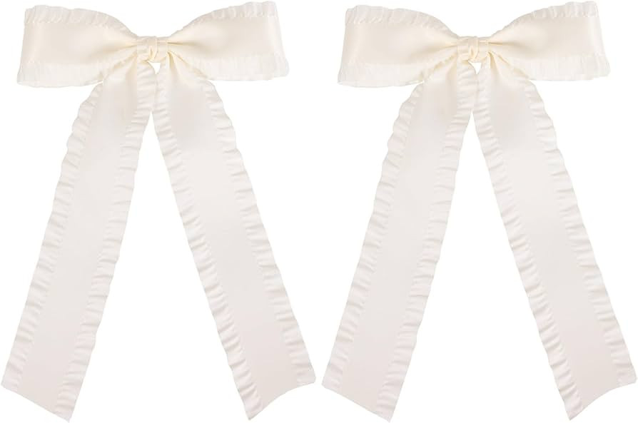 5.5in Long Tail Hair Bows off-White Big Silky Satin Ruffle Tassel Ribbon Bow Hair Clip Barrettes ... | Amazon (US)